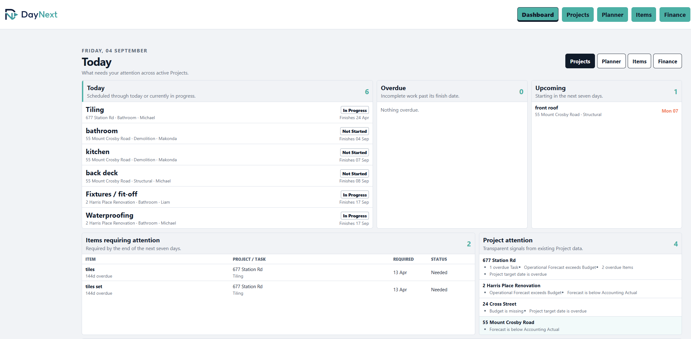 DayNext Dashboard showing project status, upcoming work and actions