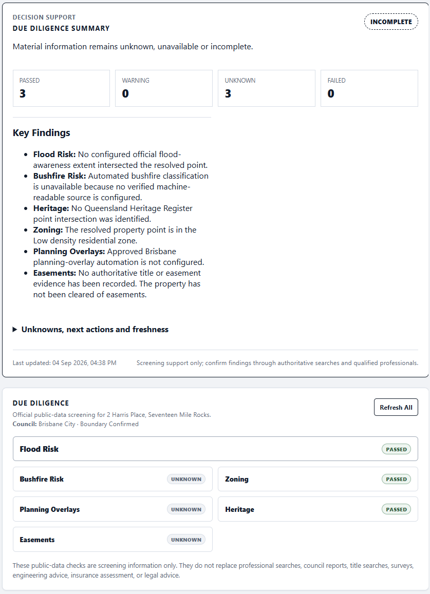DayNext due-diligence and Property Intelligence view