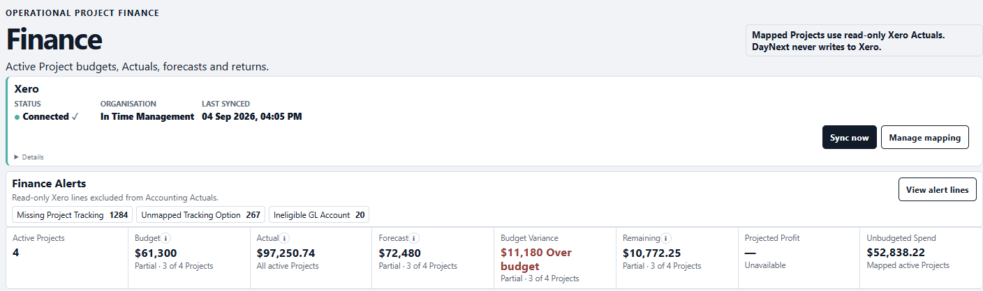 DayNext Settings showing its Xero connection and synced accounting metadata